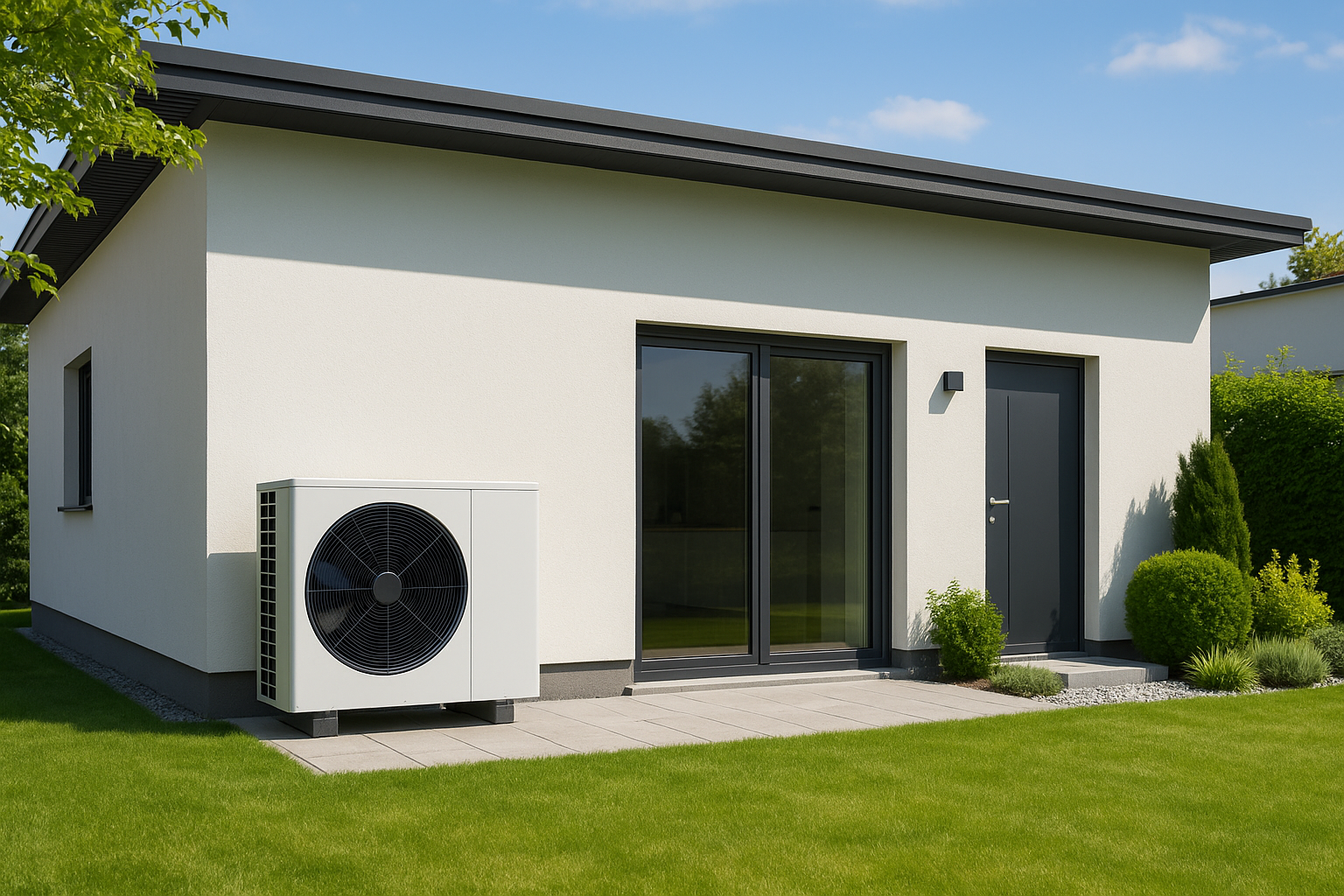 Luft-Wasser-Wärmepumpe als Außeneinheit an einem modernen Einfamilienhaus