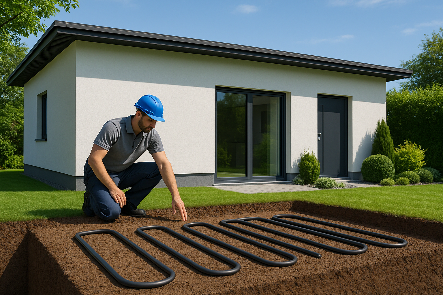 Sole-Wasser-Wärmepumpe mit im Garten verlegten Erdwärmesonden