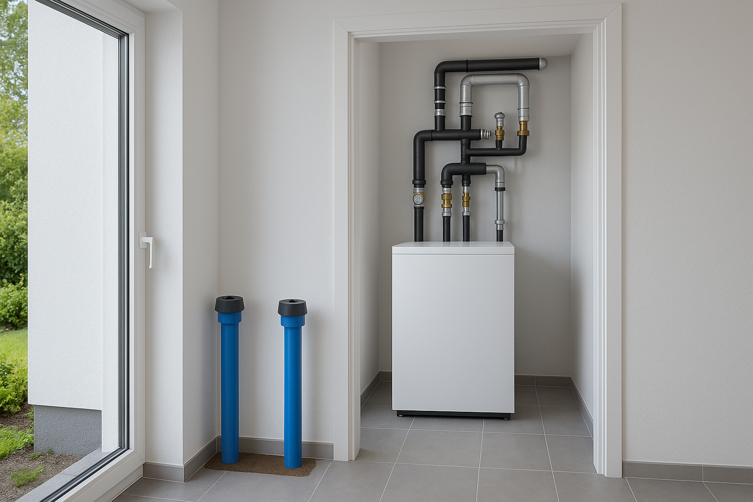 Wasser-Wasser-Wärmepumpe mit Technikraum und Grundwasserbrunnen